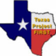 State of Texas in Red, White & Blue with words Texas Project First in Gold