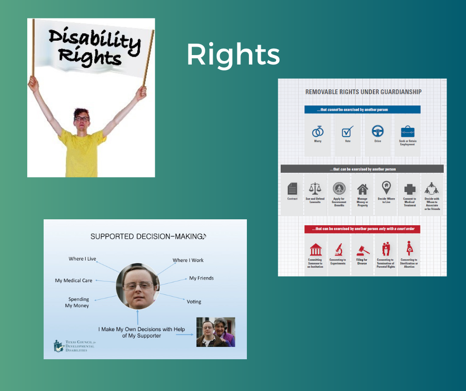 Disability Rights with a picture of supported decision making and a picture of removable rights in guardianship.